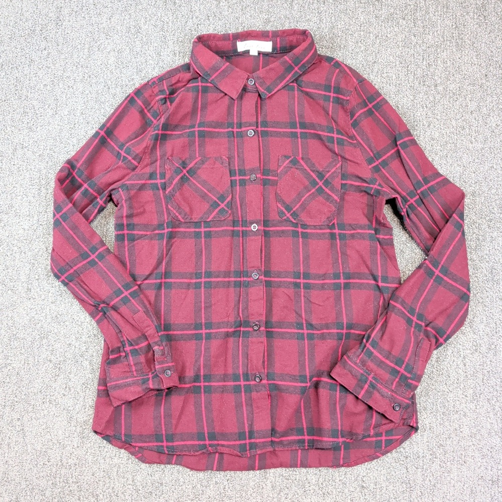 Love Tree Grunge Plaid Button Down Shirt 1X Burgundy 100% Cotton Cabin Core Top
